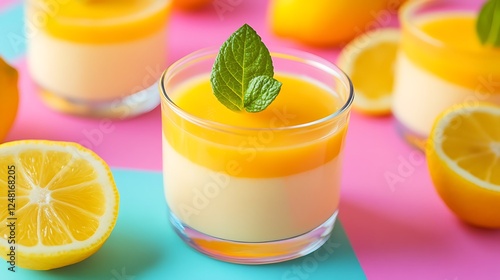 Obraz na płótnie Homemade dessert panna cotta mousse or pudding in a portion glass with lemon curd and fresh lemon isolated on a colorful background w salonie