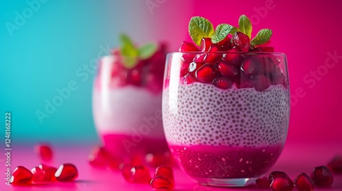 Obraz na płótnie Homemade fresh chia seed pudding with pomegranate seeds isolated on a colorful background w salonie