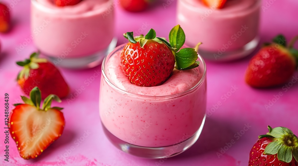 Homemade strawberry mousse dessert isolated on a colorful background