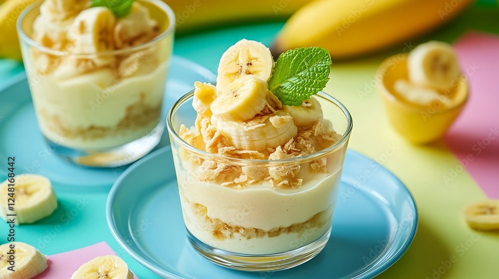 Homemade no bake banana pudding in individual classic dessert made with bananas isolated on a colorful background