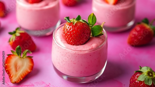 Obraz na płótnie Homemade strawberry mousse dessert isolated on a colorful background w salonie