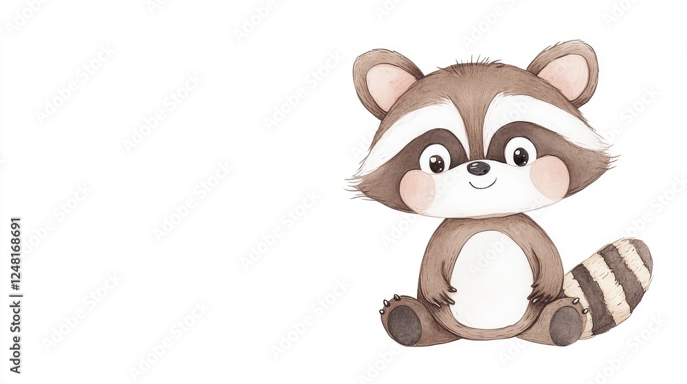 Naklejka premium Cute cartoon raccoon character sitting happily with a playful expression against a white background