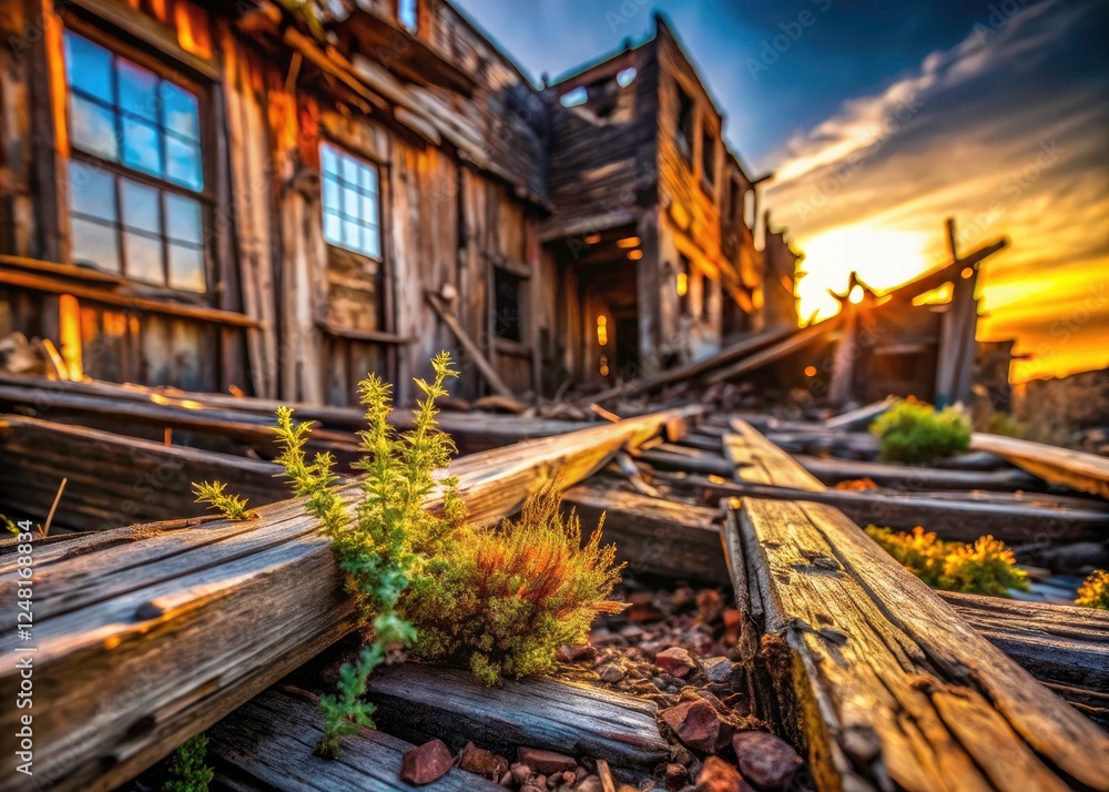 Fototapeta premium Ghost town's desolate beauty: close-up macro reveals rusted, decaying buildings, weathered surfaces, eerie textures.