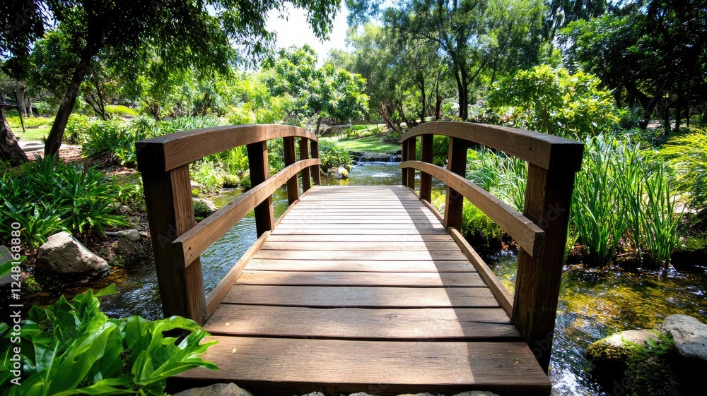 Wooden bridge over tranquil stream in lush garden Wooden bridge over tranquil stream in lush garden