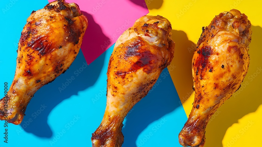 Hot air fryer chicken drumsticks isolated on a colorful background