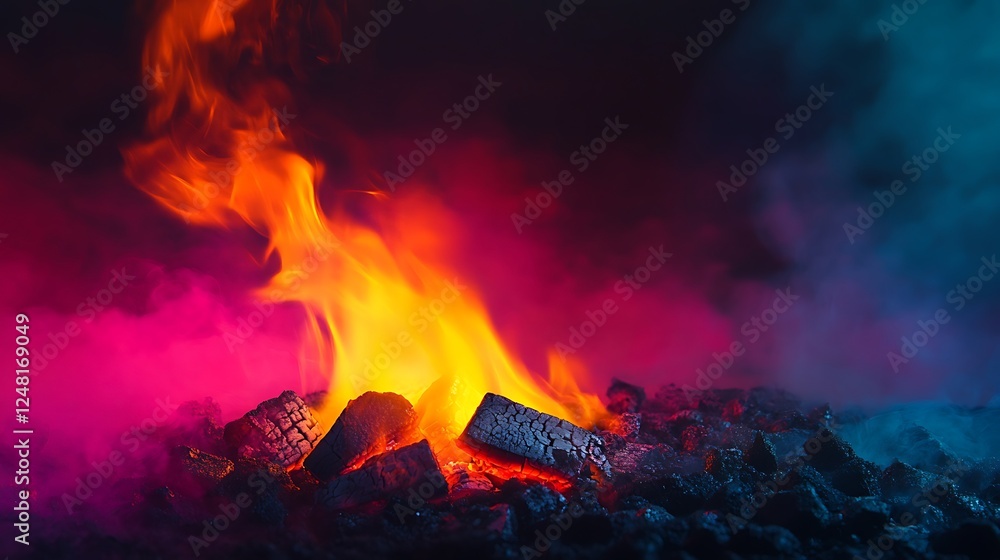 Hot barbeque gas with bright yellow flames coals isolated on a colorful background