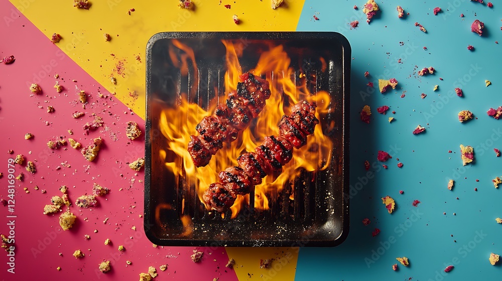 Hot barbeque gas with bright yellow flames coals isolated on a colorful background
