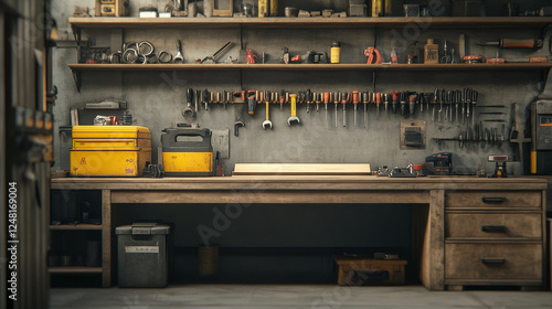 Night workshop interior in garage storage room with tool shelf and lamp spotlight. Wood table in shed or basement with toolbox, board for handsaw and wrench. Engineer equipment in storeroom front view