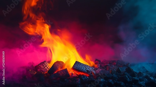 Obraz na płótnie Hot barbeque gas with bright yellow flames coals isolated on a colorful background w salonie