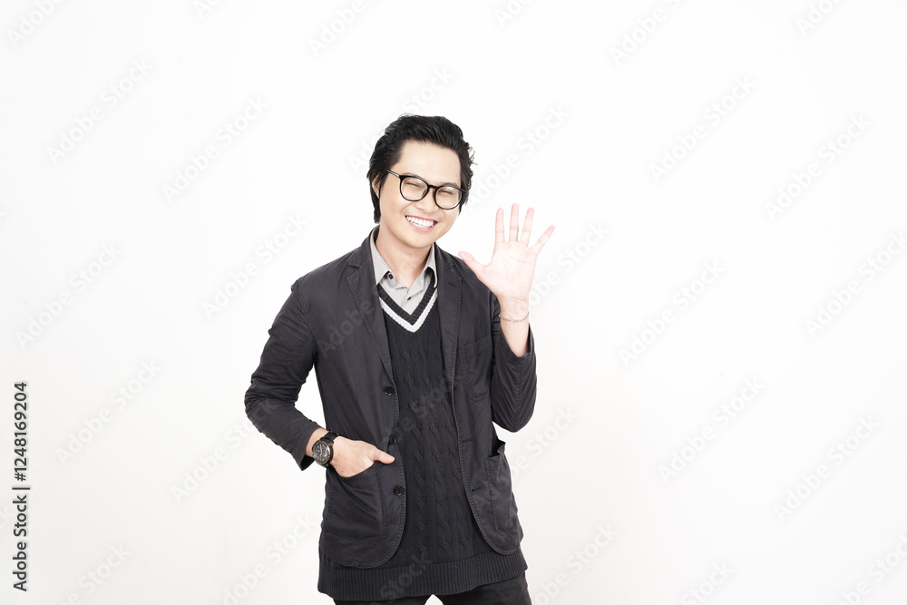 Smile looking at camera wave and say hi or hello Of Handsome Asian Man Isolated On White Background Smile looking at camera wave and say hi or hello Of Handsome Asian Man Isolated On White Background