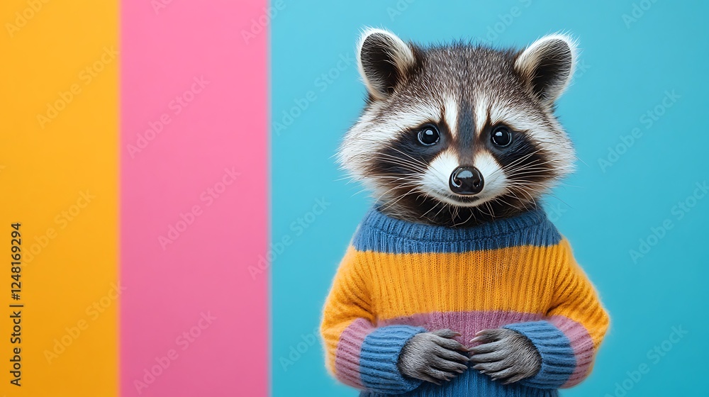 Huggable raccoon in a soft striped pullover isolated on a colorful background