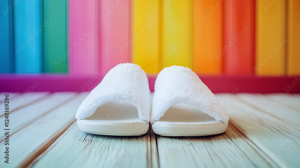Hot of pair of nice cozy simple white slippers for spa on a wooden floor isolated on a colorful background