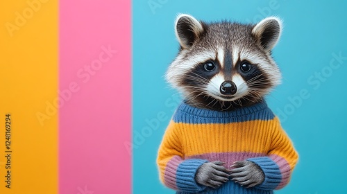 Obraz na płótnie Huggable raccoon in a soft striped pullover isolated on a colorful background w salonie