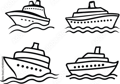 Four simple line art cruise ships on the water, black and white line drawings of cruise ships, each positioned on a simple wave pattern. 
