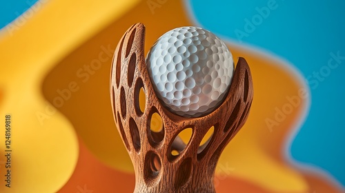 Intricate wooden sculpture cradling a golf ball isolated on a colorful background