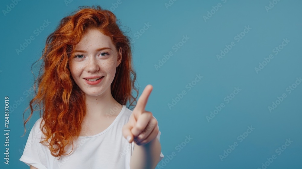 Portrait of smiling red-haired Asian Girl pointing at camera on blue background, AI generated image Portrait of smiling red-haired Asian Girl pointing at camera on blue background, AI generated image
