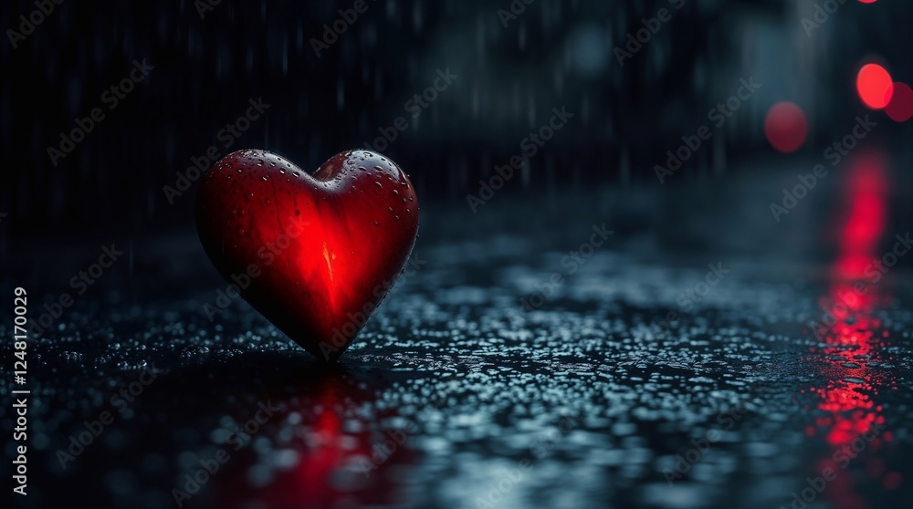 A red glowing heart on the road in rain A red glowing heart on the road in rain