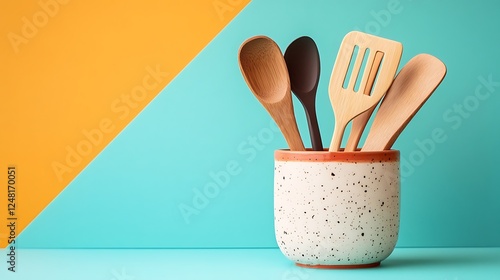 Obraz na płótnie Kitchen utensils in ceramic cup isolated on a colorful background w salonie