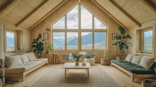Cozy wooden cabin interior with mountain views, large windows, greenery, and natural light shining through.