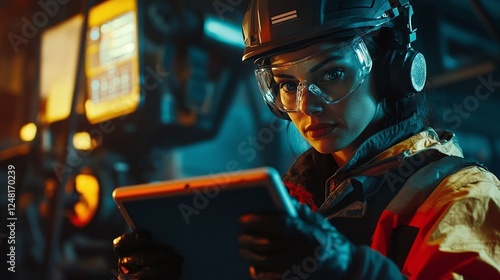 Young female worker in a steel factory using a tablet. A professional woman in technology and logistics for business and company operations.