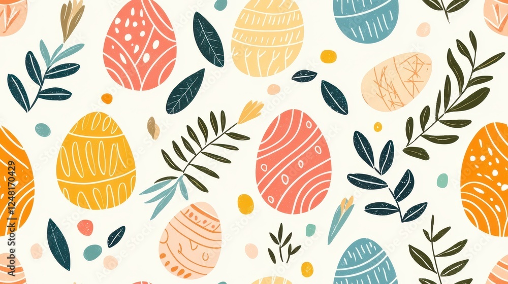 Boho pastel Easter elements seamless pattern concept. Colorful Easter eggs with leaves on a light background Boho pastel Easter elements seamless pattern concept. Colorful Easter eggs with leaves on a light background