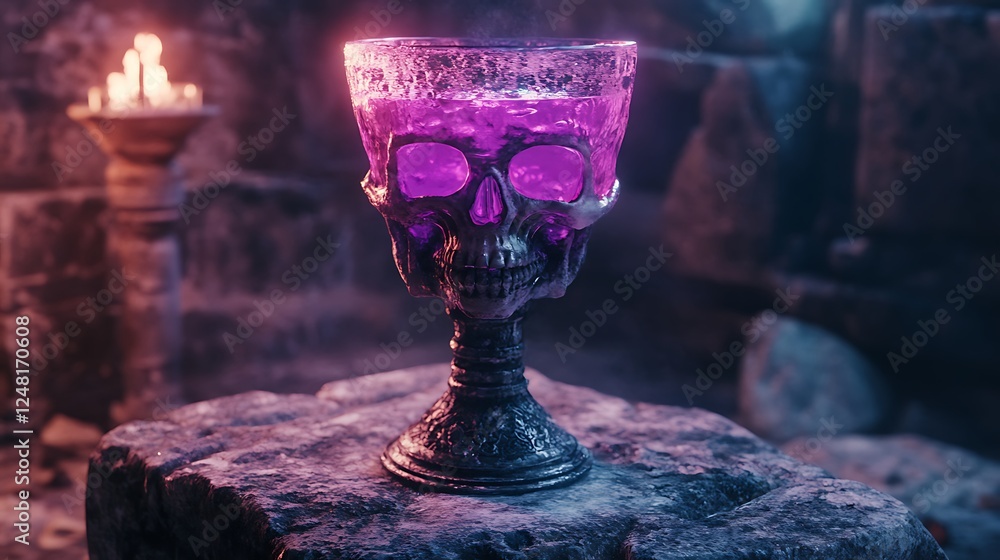 Large skull chalice filled with a bright purple drink on an ancient stone pedestal