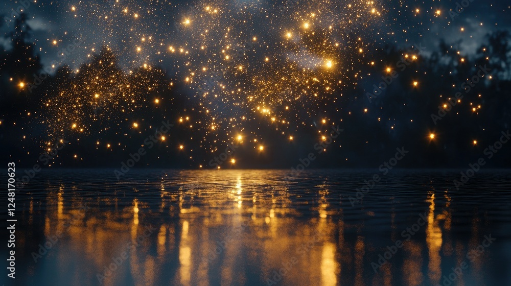 Naklejka premium Magical Sparkling Lights Reflection Over Calm Water Surface Night