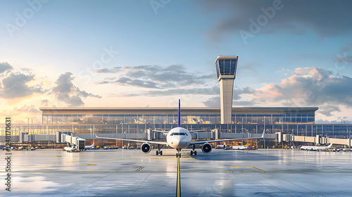 Modern airport inal with airplanes on tarmac and control tower against sunset sky. photo