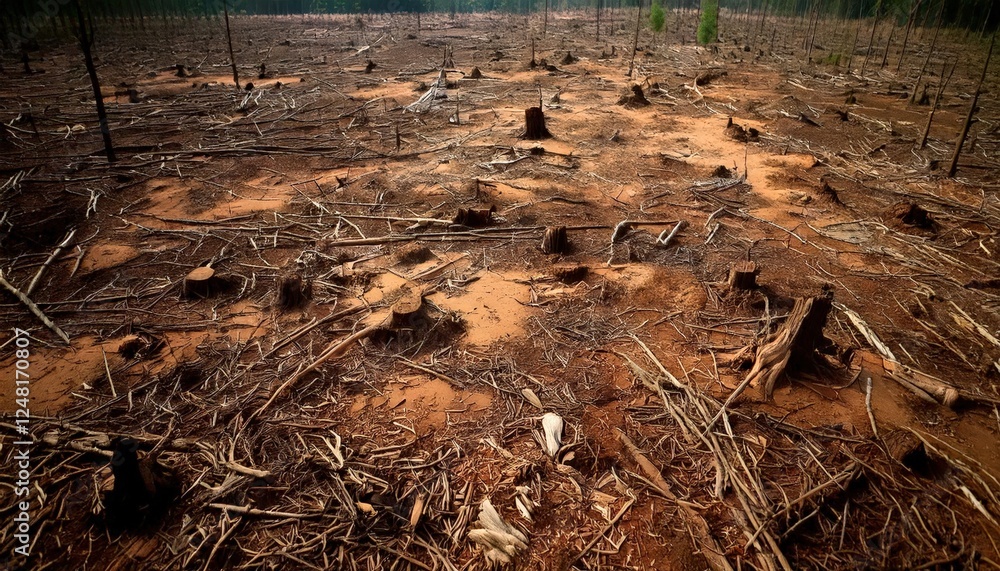 Fototapeta premium Barren Lands: A Haunting View of Deforestation, Where Life Once Thrived But Now Only Stumps Remain, Echoing the Grief of Nature Vanishing Under Human Impact and Environmental Neglect