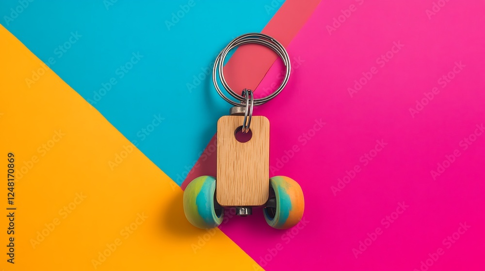 Layered wooden keyholder holding a roller derby skate wheel isolated on a colorful background