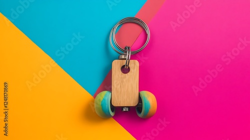Obraz na płótnie Layered wooden keyholder holding a roller derby skate wheel isolated on a colorful background w salonie