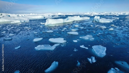 An Exquisite Display of Melting Polar Ice: Water Droplets, Floating Ice Chunks, and the Rising Tide Emphasizing the Impact of Climate Change on Our Fragile Ecosystem