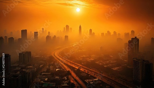 A breathtaking view of a hazy city skyline shrouded in toxic smog at sunset, highlighting the impact of urban pollution on natural beauty and public health in modern societies everywhere.