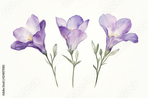 minimalist floral watercolor design highlighting three lilac freesia flowers, perfect for stationery or wall art.
