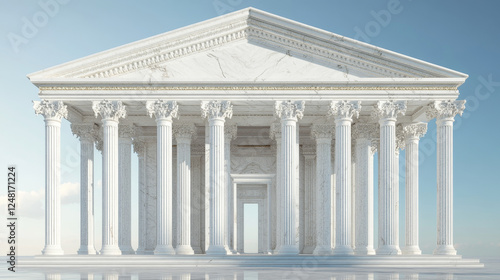 Ancient greek architecture with pillars. Vector realistic antique building with white marble wall and column with capital in doric style. Background with roman temple frame  classic palace arch
