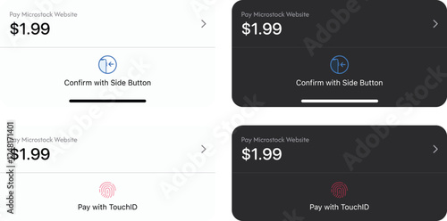 Load Wallet Payment Screen UX UI Template. Total amount merchant. Payment with Biometric in Dark and light mode