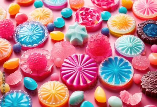 vibrant close display assorted colorful candies showcasing kaleidoscope bright hues textures perfect sweet tooth enthusiasts, candy, sweets, lollipop, gummies