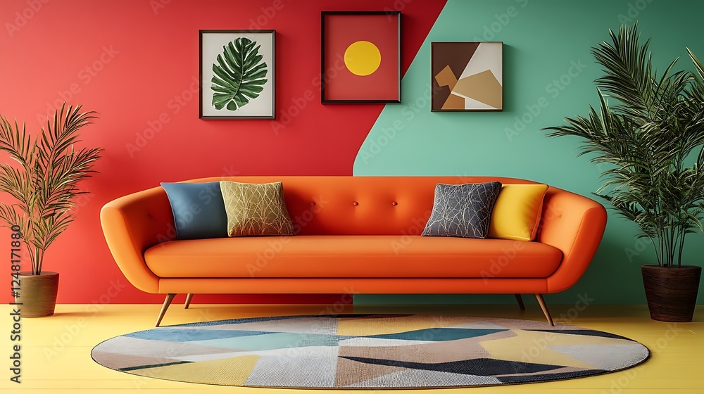 Living room with mid century style curved sofa isolated on a colorful background