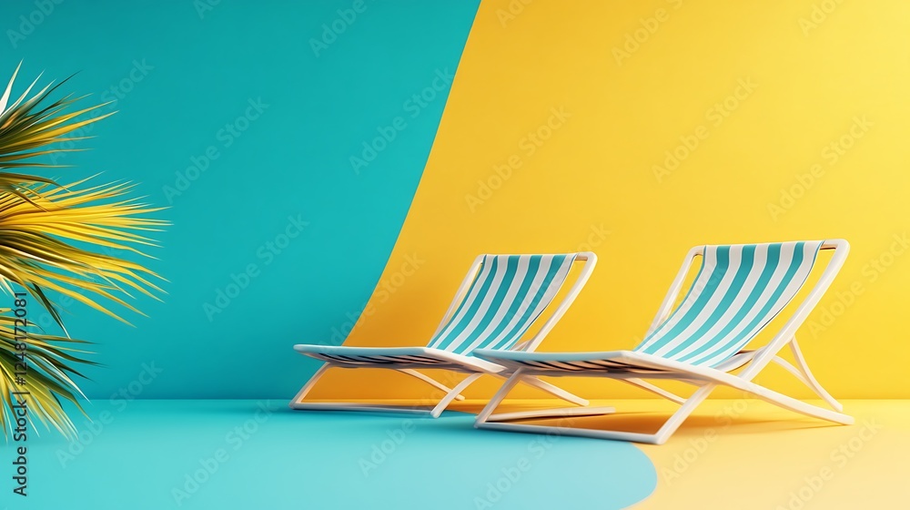 Lounge chairs and snorkels isolated on a colorful background