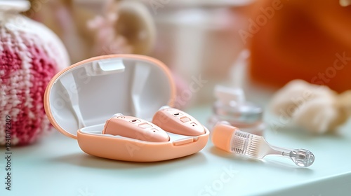 Obraz na płótnie Macro close up of a matched pair of tiny modern hearing aids with case and brush on bedside dressing table isolated on a colorful background w salonie