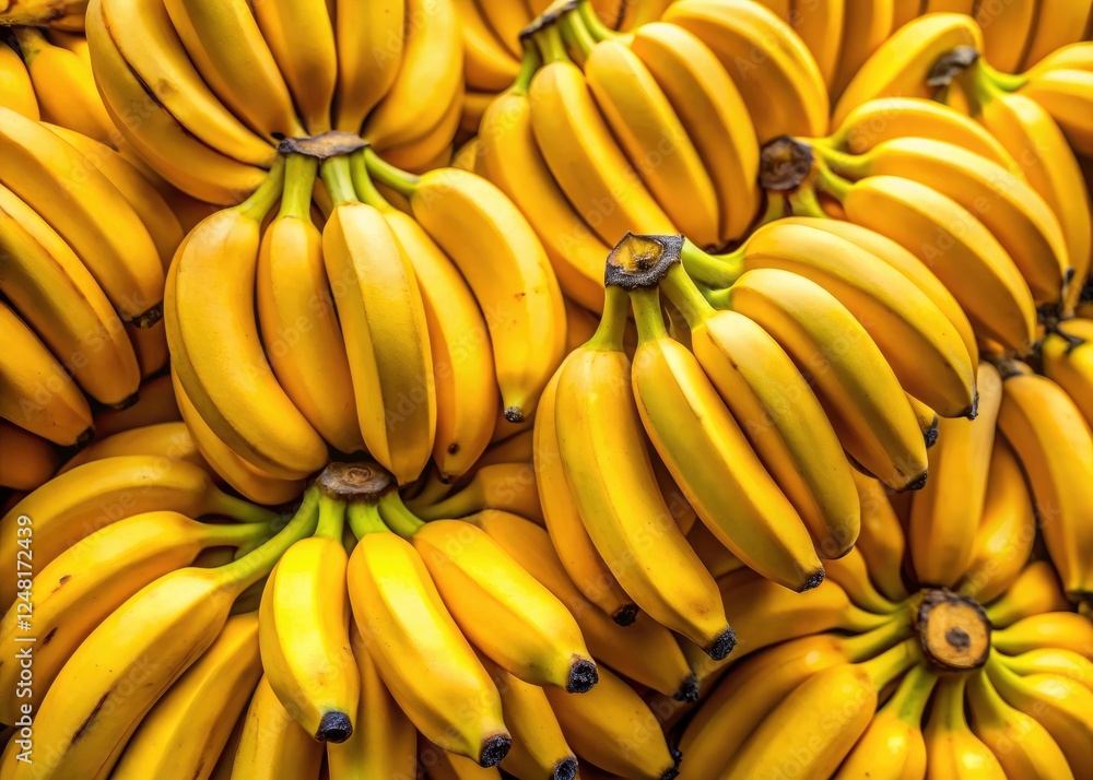 High-resolution image showcasing a cluster of fresh, yellow bananas; perfect organic produce. High-resolution image showcasing a cluster of fresh, yellow bananas; perfect organic produce.