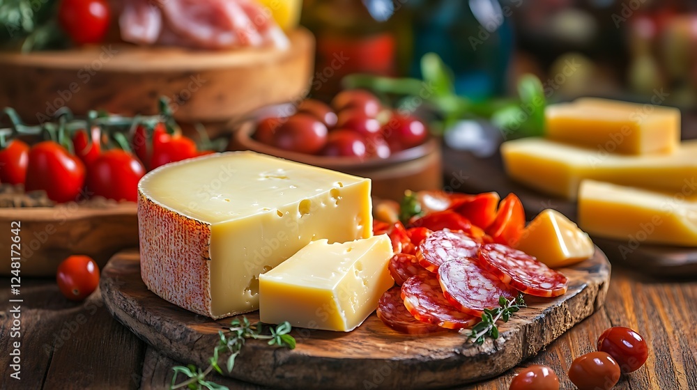 Manchego cheese and tapas from on rustic wood table isolated on a colorful background