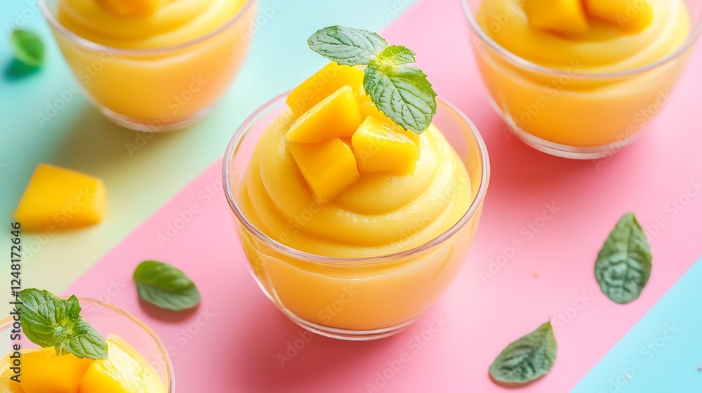 Mango mousse with fresh mango and mango puree isolated on a colorful background