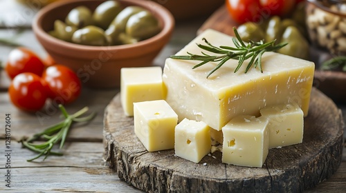 Obraz na płótnie Manchego cheese and tapas from on rustic wood table isolated on a colorful background w salonie