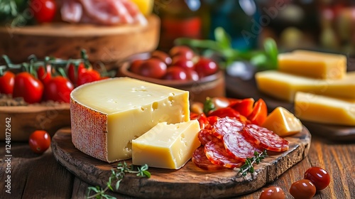 Obraz na płótnie Manchego cheese and tapas from on rustic wood table isolated on a colorful background w salonie