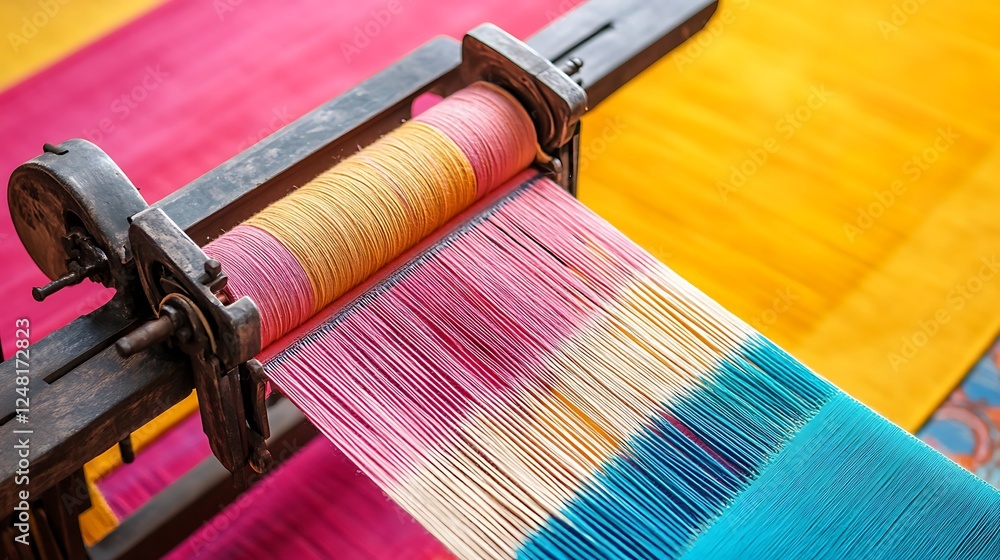 Manual yarn fabric weaving machine isolated on a colorful background