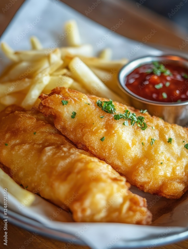 Crispy golden fish with chips / fries and ketchup served on white paper. Crispy golden fish with chips / fries and ketchup served on white paper.