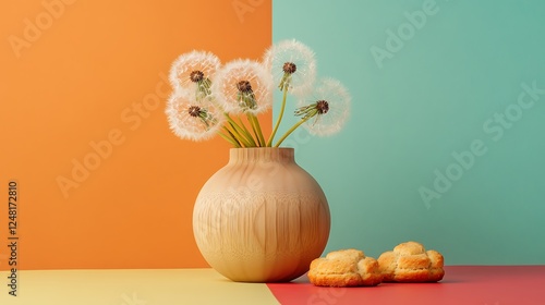 Obraz na płótnie Mango wood vase with dandelions paired with cinnamon biscuits isolated on a colorful background w salonie
