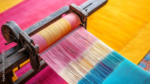 Obraz na płótnie Manual yarn fabric weaving machine isolated on a colorful background w salonie