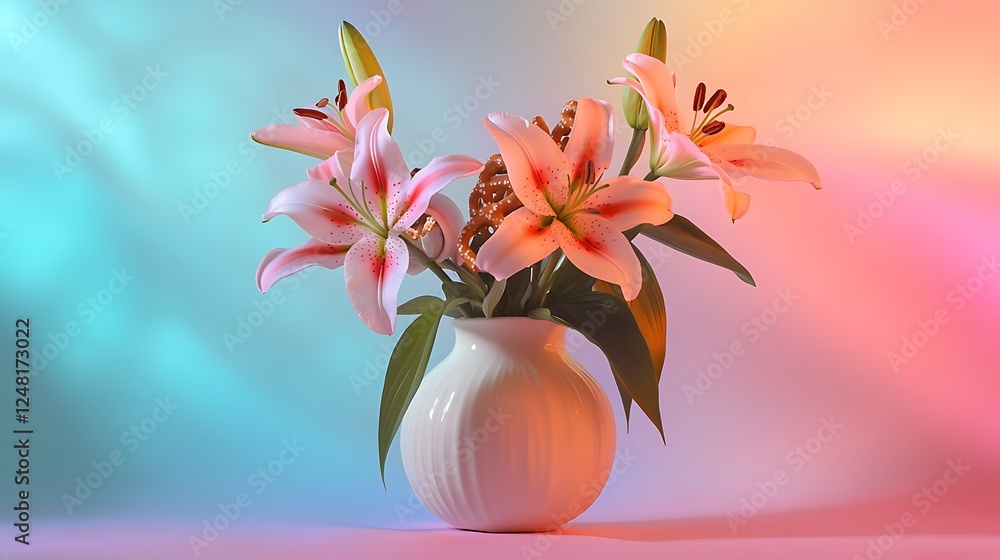 Maple vase holding lilies and yogurt pretzels isolated on a colorful background